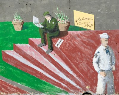 mural detail of soldier reading letter and sailor waiting at Tarentum, PA train station