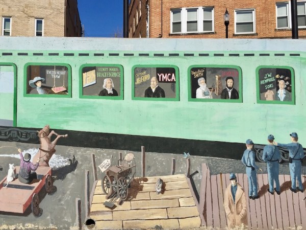 mural of rail car with famous natives of Tarentum, PA