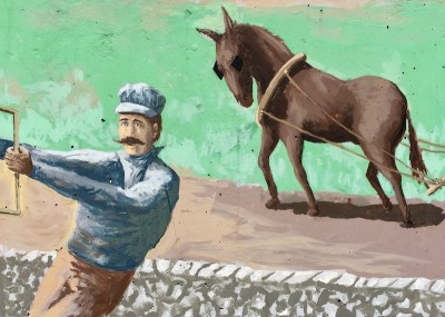 mural detail of 19th century rail worker and draft horse in field, Tarentum, PA