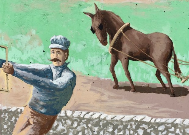 mural detail of 19th century rail worker and draft horse in field, Tarentum, PA
