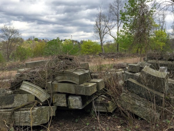 dismantled granite building in unruly pile, Pittsburgh, PA