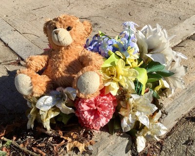 teddy bear and plastic flowers left on curbside, Pittsburgh, PA