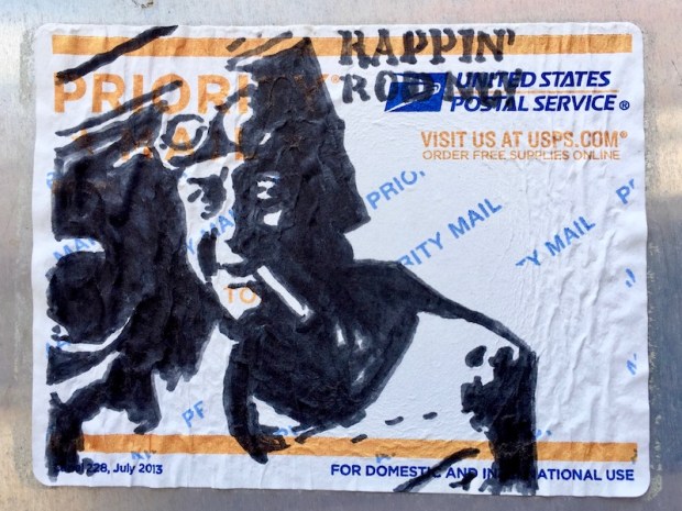 US postal service priority mail sticker with black ink portrait of Rodney Dangerfield, Pittsburgh, PA