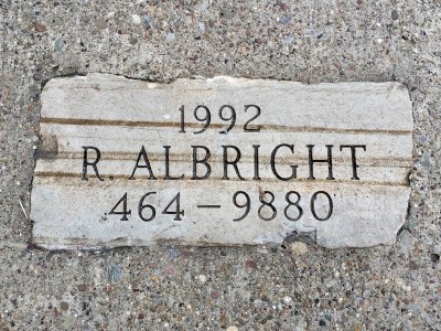 sidewalk mason engraved stone plaque for R. Albright, Pittsburgh, PA