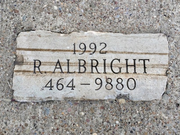 sidewalk mason engraved stone plaque for R. Albright, Pittsburgh, PA