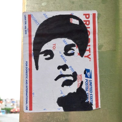 mail label portrait of man with baseball cap, Pittsburgh, PA