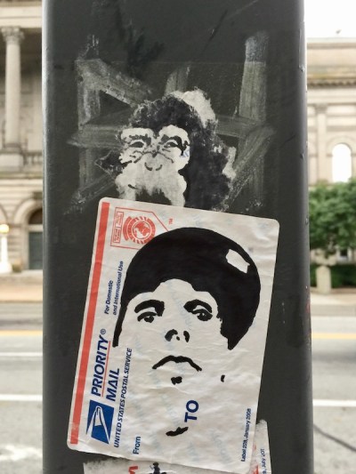 mail label portrait of man with baseball cap, Pittsburgh, PA