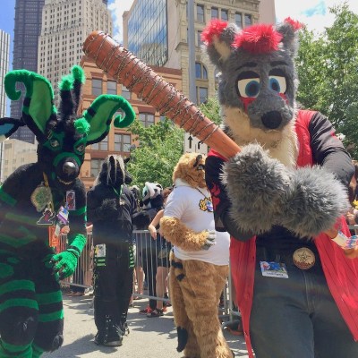 fursuit costume of bear with baseball bat covered in barbed-wire Anthrocon 2017 Fursuit Parade, Pittsburgh, PA