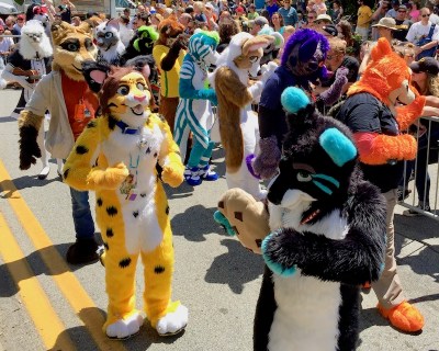group of fursuit-wearing parade marchers, Anthrocon 2017 Fursuit Parade, Pittsburgh, PA