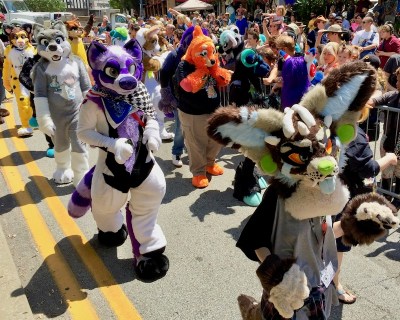 group of fursuit-wearing parade marchers, Anthrocon 2017 Fursuit Parade, Pittsburgh, PA