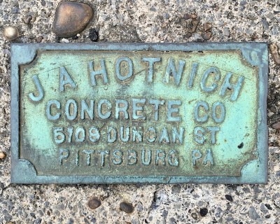brass sidewalk plaque for J.A. Hotnich, Millvale, PA