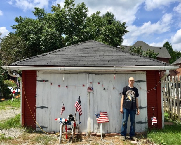 Gary Thumberg with his handmade wood cut Independence Day lawn decorations, Beaver, PA