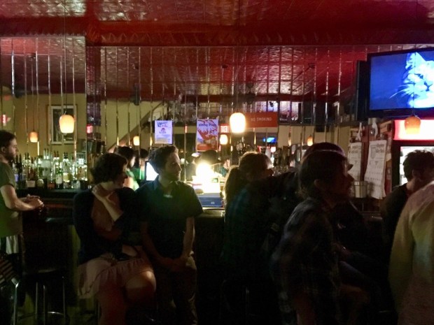 mirrored wall behind the bar and patrons at Bloomfield Bridge Tavern, Pittsburgh, PA