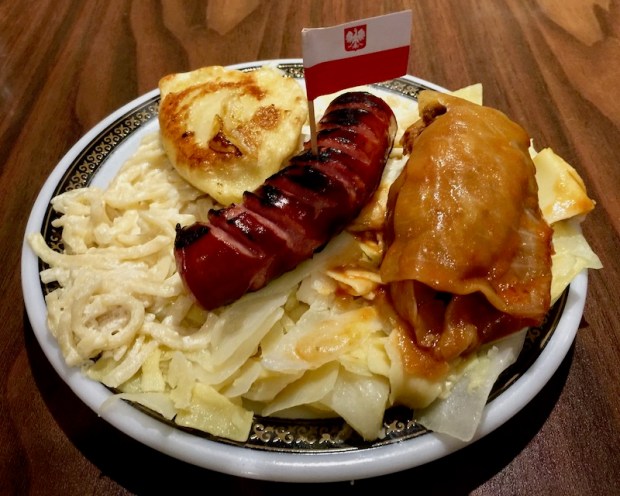 plate of Polish food including pierogi, kielbasa, golabki, haluski, and kluski, Bloomfield Bridge Tavern, Pittsburgh, PA