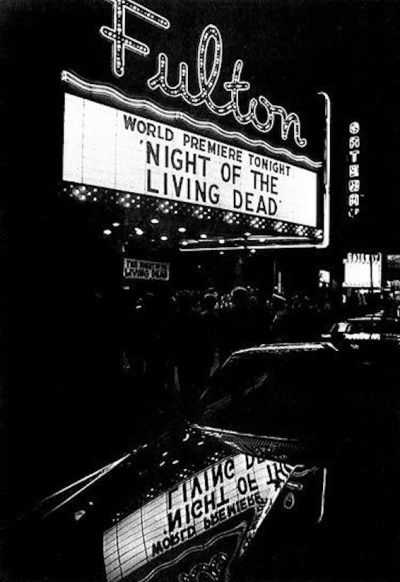 Fulton Theater marquee lit up for world premier of "Night of the Living Dead", Oct. 1, 1968