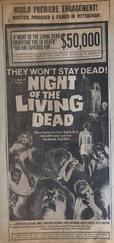 newspaper ad for "Night of the Living Dead" mentioning a life insurance policy for $50,000