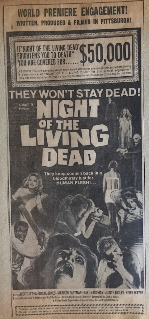newspaper ad for "Night of the Living Dead" mentioning a life insurance policy for $50,000