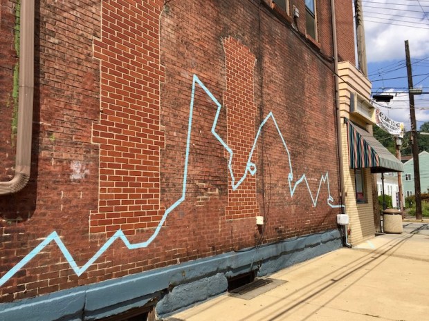 blue line painted on brick walk, Millvale, PA