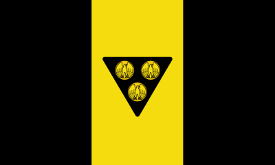 proposed Pittsburgh city flag by "Goob", with gold eagle-fronted coins on black triangle on existing black/gold/black tri-colored background