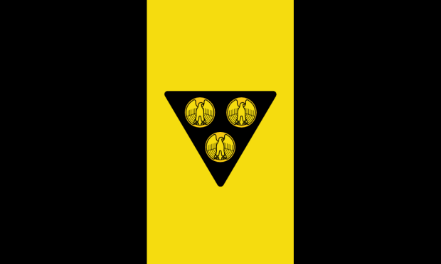 proposed Pittsburgh city flag by "Goob", with gold eagle-fronted coins on black triangle on existing black/gold/black tri-colored background