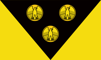proposed Pittsburgh city flag by "Goob", with gold eagle-fronted coins on black triangle on gold field