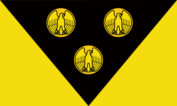 proposed Pittsburgh city flag by "Goob", with gold eagle-fronted coins on black triangle on gold field