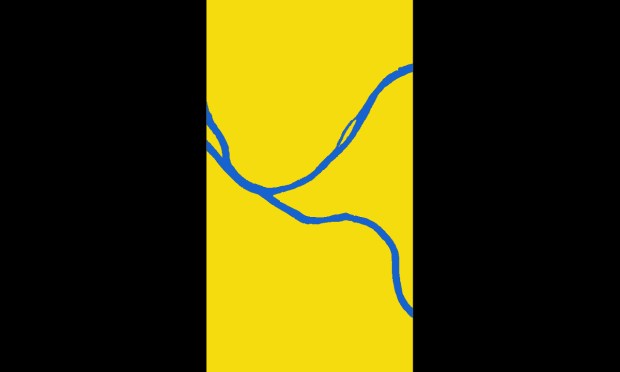 proposed Pittsburgh city flag by Erik Schauer with blue river river design on existing black/gold/black tri-color background