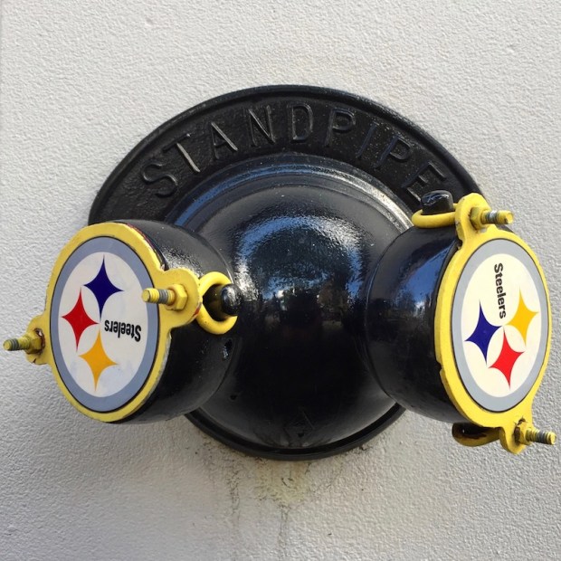 standpipe connector on apartment building painted black with gold Pittsburgh Steelers cap covers
