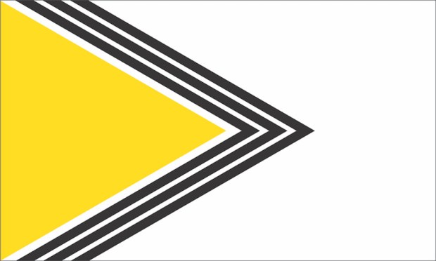 proposed Pittsburgh city flag by Ian Finch of military-looking gold triangle and angled black stripes