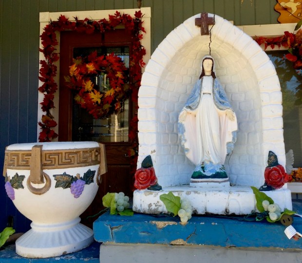 Mary statuette on front porch of house, Beaver Falls, PA
