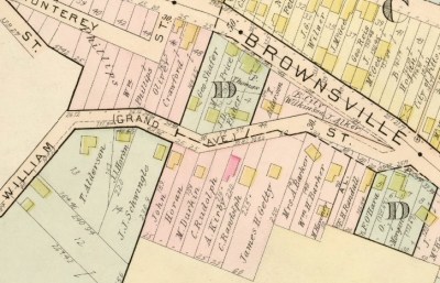 detail of William Street from a 1901 map showing many former houses on the south and east sides of the street