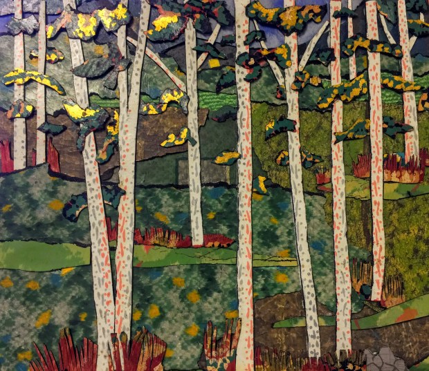 artwork of forest scene featuring birch trees made from cut linoleum by artist Bill Miller