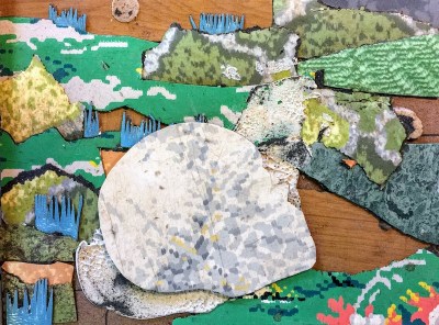 in-process linoleum collage artwork by Bill Miller