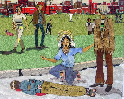 linoleum assemblage artwork representing Kent State massacre, 1970 by artist Bill Miller