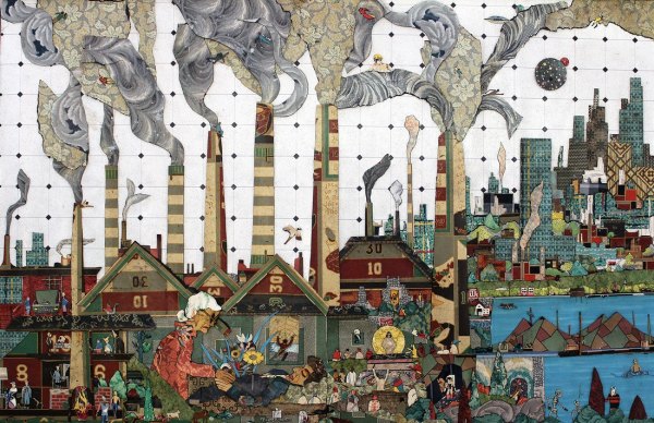 linoleum collage artwork depicting a steel mill with city in the distance by Bill Miller