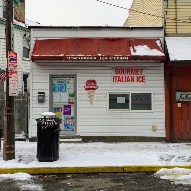Twisters Ice Cream shop with snow-covered sidewalk, Pittsburgh, PA