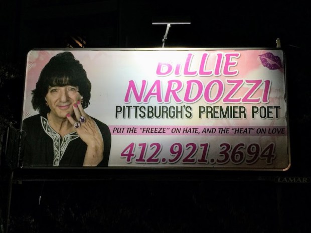 billboard with Billie Nardozzi's photo and the text "Put the 'freeze' on hate, and the 'heat' on love," Pittsburgh, PA