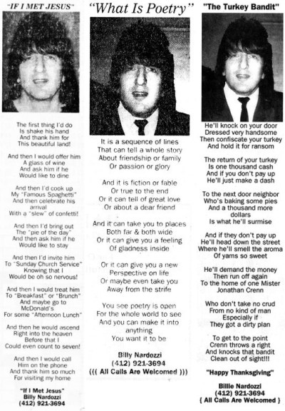 three poems by Billie Nardozzi as they appeared in the appeared in the Pittsburgh Post-Gazette "Celebrations" section of classified ads