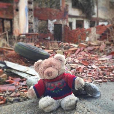 stuffed teddy bear in front of demolished house, Clairton, PA
