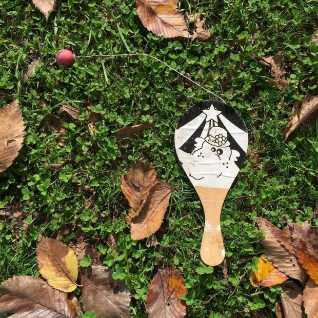 paddle ball laying in grass with fall leaves, Millvale, PA