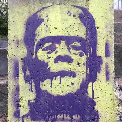 stencil image of Frankenstein's monster painted on concrete wall, Pittsburgh, PA