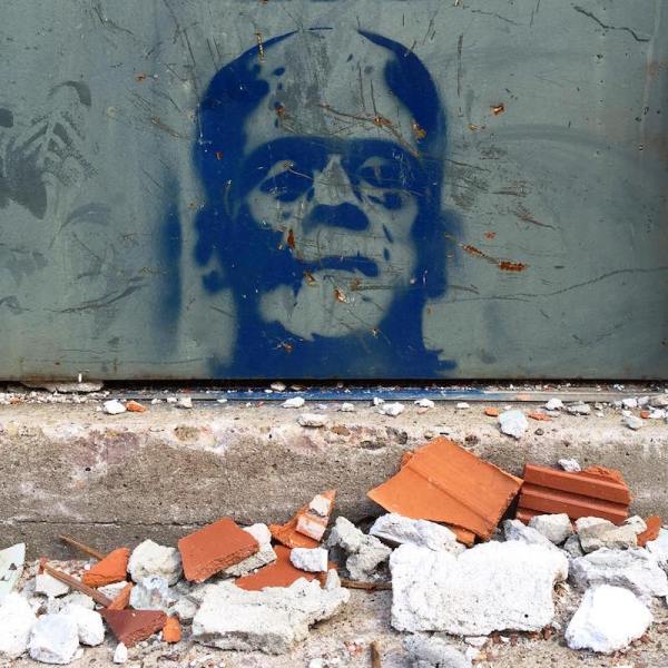 stencil image of Frankenstein's monster painted on steel door, Pittsburgh, PA