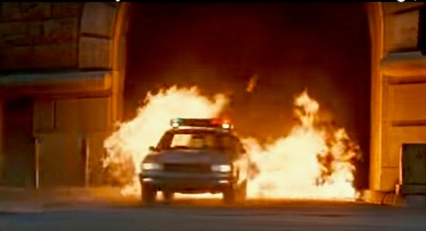 scene from the film "Striking Distance" of police car exiting fire-filled tunnel in Pittsburgh, PA
