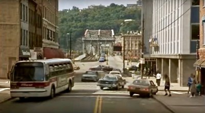 scene from the film "Striking Distance" of downtown street and bridge in Pittsburgh, PA