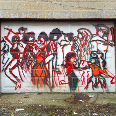 garage door painted with crowd of people, Pittsburgh, PA