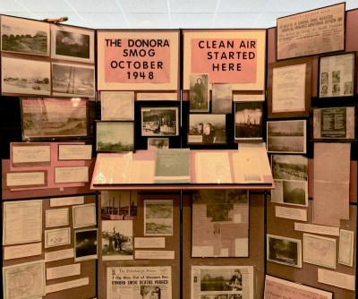 display with news stories and photographs of the Donora smog of October, 1948