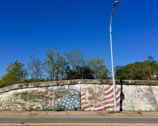 concrete roadside wall painted with American flag, McKees Rocks, PA