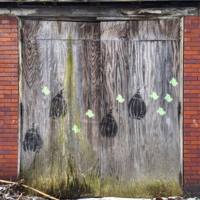 garage door opening covered in plywood and stenciled with birds and birdcages, Pittsburgh, PA