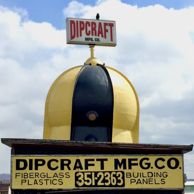 ornamental dome painted black and gold on Dipcraft Manufacturing Company building, Rankin, PA