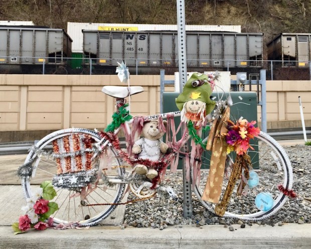 ghost bicycle memorial decorated with plastic flowers and stuffed animals, Pittsburgh, PA